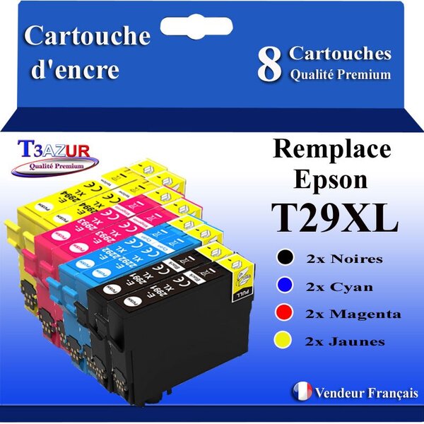 T3AZUR- 8x Cartouches Compatibles Epson T2991  T2992 T2993 T2994 T29XL 29 XL(série Fraise)