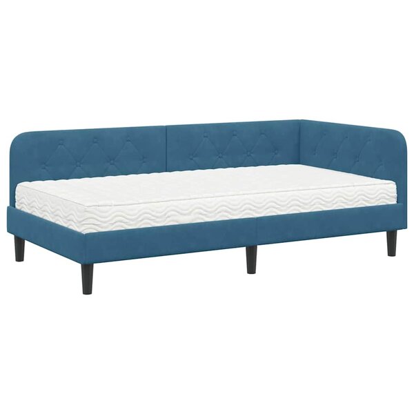 vidaXL Cadre de lit d'angle avec matelas Bleu 90 x 190 cm Velours