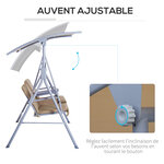 Balancelle design de jardin 2 places inclinaison toit réglable 170L x 110l x 165H cm acier gris clair beige