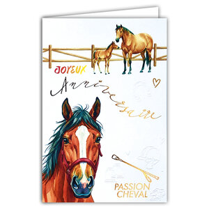 69-3126 Carte Anniversaire Animaux Cheval Jument Poulain Poney pour Cavalier Cavalière Peinture Aquarelle -Finitions Dorure Or Doré + Gaufrage en Relief +1 Enveloppe Format 12x17cm -Fabriqué en Europe