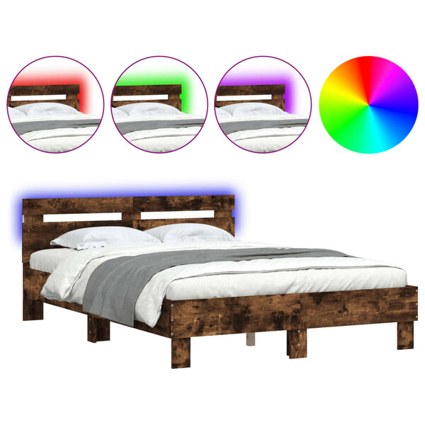 vidaXL Cadre de lit avec tête de lit et LED chêne fumé 120x200 cm