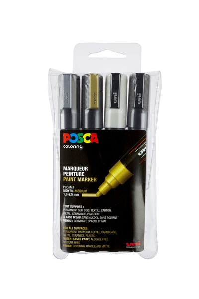 Marqueurs Posca PC5M Pointe conique moyenne Metalic 4 pièces