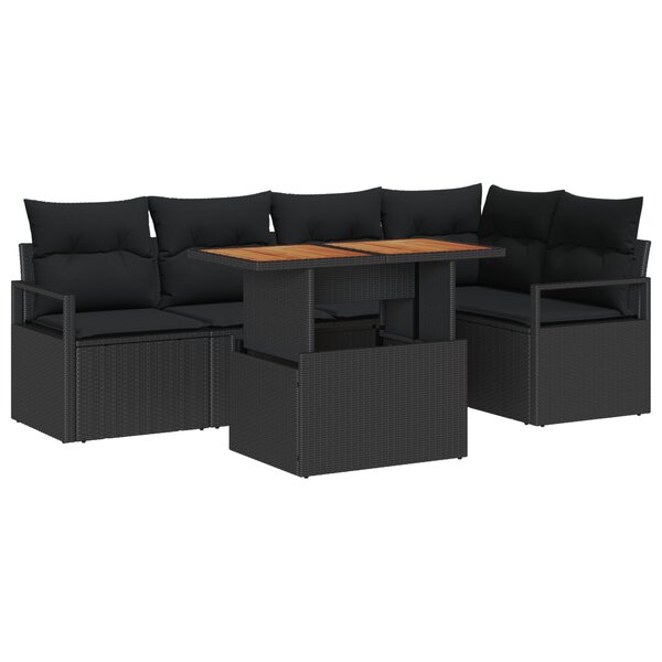 Ensemble de Canapé de Jardin 6 Pièces avec Coussins Noirs en Rattan Poly