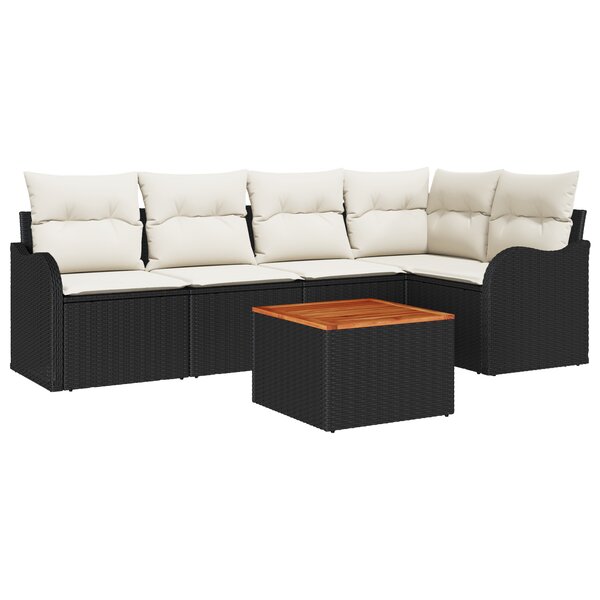 Ensemble de canapé de jardin de 6 pièces avec coussins noir poly rotin acacia