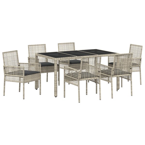 Ensemble de salle à manger de jardin 7 pièces avec coussins Gris clair en poly rotin
