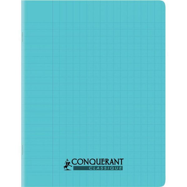 Cahier piqûre 32 pages  double ligne 3 mm 90 g  couverture polypropylène bleu CONQUERANT