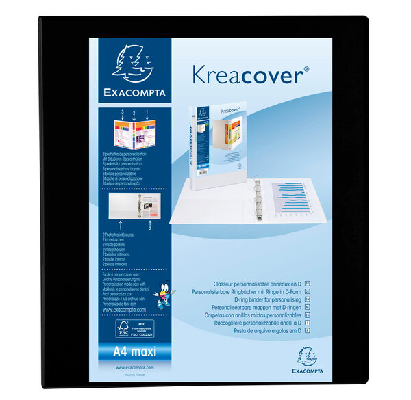 Classeur personnalisable Kreacover A4 Maxi 4 Ax Diam 40mm Dos 60 mm Noir EXACOMPTA