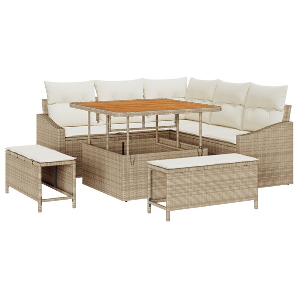 Ensemble de canapé de jardin 8 pièces avec coussins Beige Poly Rattan Acacia