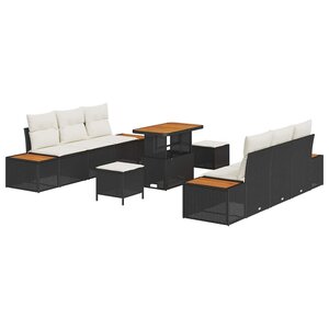 vidaXL Ensemble de canapé de jardin avec coussin 9 Pièces Noir Poly rotin