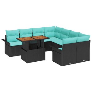 vidaXL Ensemble de canapé de jardin 9 Pièces Noir et Bleu polyrotin