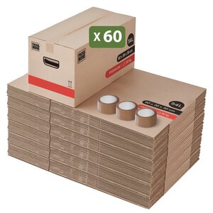 Pack and Move - Lot 60 Cartons Déménagement Premium - 60 X 30 X 30 - Extrême Résistance 30KG - Réutilisable - Poignées Renforcées - 3 Adhésifs Offerts