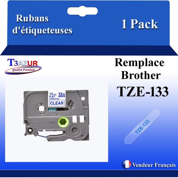 Ruban d'étiqueteuse compatible avec  Brother Tze133  Tze-133 pour étiqueteuses P-touch - Texte bleu sur fond transparent - Largeur 12 mm x 8 mètres