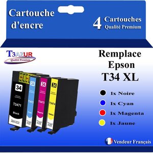 T3AZUR- 4x Cartouches Compatibles avec Epson 34XL 34 XL remplace Epson Workforce Pro WF-3725DWF WF-3720DWF WF3725DWF WF3720DWF