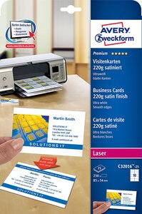 Bte de 250 quick & clean cartes de visite84x54 mm satinées 220g avery zweckform