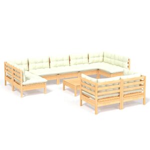 vidaXL Salon de jardin 10 Pièces avec coussins crème bois de pin massif
