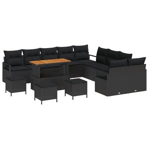 Canapé de Jardin vidaXL 14 Pièces avec Coussins Noir Poly Rattan Acacia