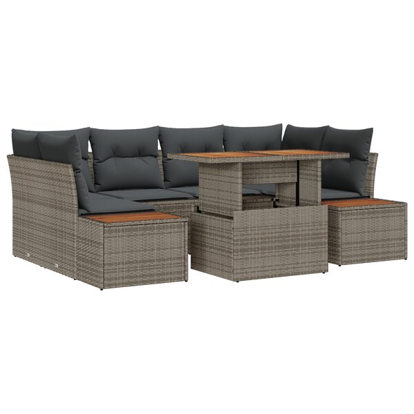 vidaXL Ensemble de salle à manger de jardin de 7 pièces avec coussins en poly rotin gris et acacia