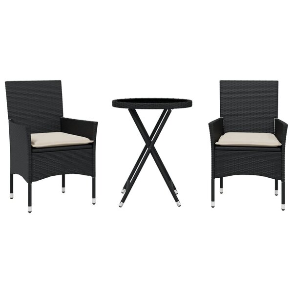 vidaXL Ensemble de bistro avec coussins 3Pièces noir résine tressée verre