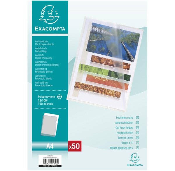 Sachet de 50 Pochettes coins A4 PP 0 12 mm Transparent grainé EXACOMPTA