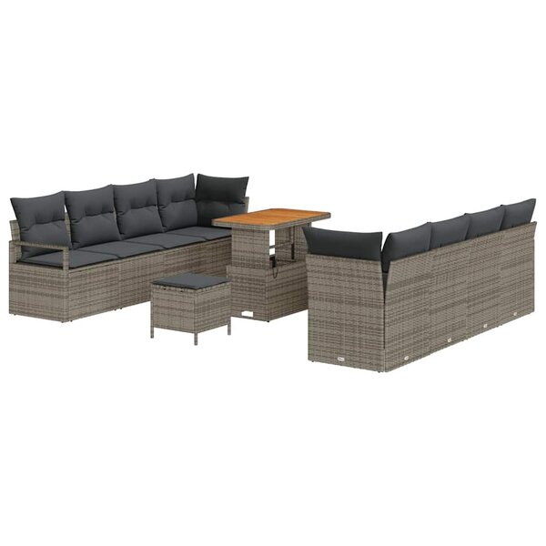 Ensemble de Canapé de Jardin de 11 Pièces avec Coussins Gris Poly Rattan Acacia