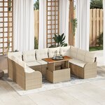 Ensemble de Canapés de Jardin de 10 Pièces avec Coussins Beige Poly Rattan Acacia