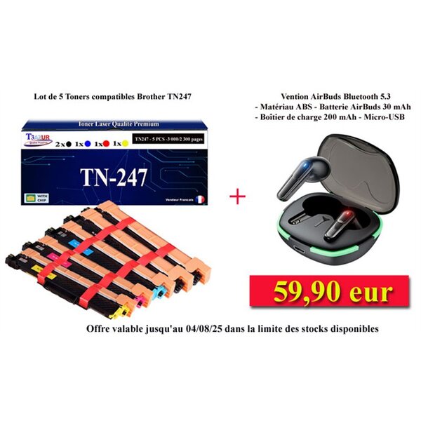 T3AZUR - 5 Toners compatibles avec TN247  pour Brother HL-L3270CDW  HL-L3280CDW Noire - 3 000 pages - T3AZUR