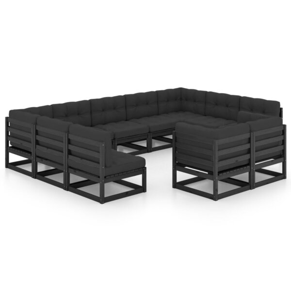 vidaXL Salon de jardin 11 Pièces avec coussins noir bois de pin massif
