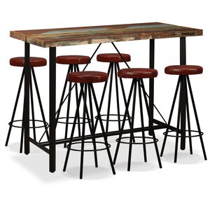 vidaXL Ensemble de bar 7 Pièces Bois massif recyclé et cuir véritable