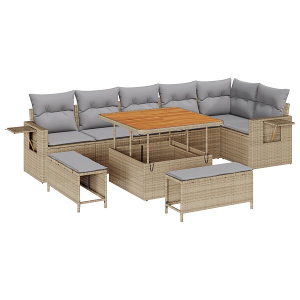 Ensemble de canapé de jardin vidaXL 9 pièces avec coussins beige poly rattan acacia