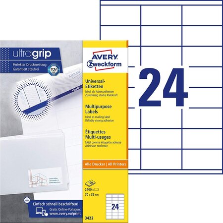 Bte 2400 etiquettes universelles ultragrip 70 x 35 mm blanc avery zweckform