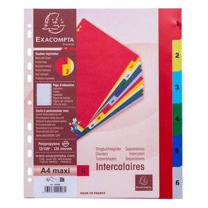 Intercalaires Imprimés Numériques Polypropylène 12/100e - 6 Positions - A4 Maxi - Assorties Vives - X 20 - Exacompta