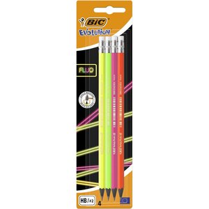 Lot de 4 Crayons Evolution Fluo HB  avec gomme blister à 4 couleurs assorties BIC
