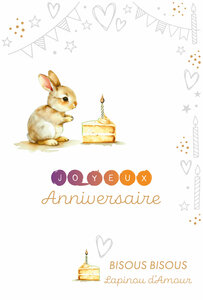 69-3122 Carte Anniversaire pour Enfant Fille Lapin d'Amour Bisous 1 an Bougie Peinture Aquarelle Mignonne -Finitions Dorure Or Doré + Gaufrage en Relief +1 Enveloppe Format 12x17cm -Fabriqué en Europe