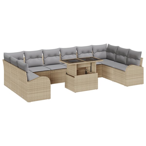 Ensemble de canapé de jardin 11 pièces avec coussins Beige Poly Rotin