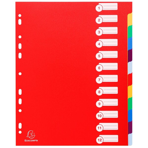 Intercalaires Polypropylène Opaque Semi Rigide 12 Positions - A4 Maxi - Couleurs Assorties - Exacompta