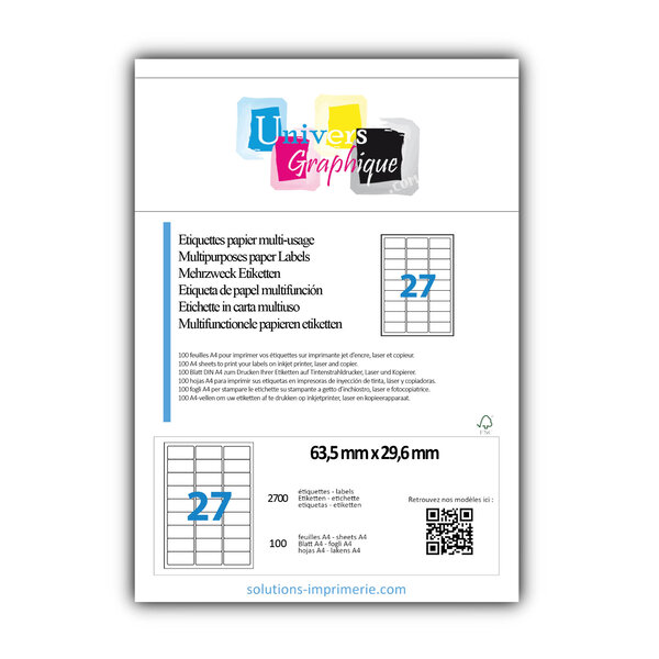 Lot de 100 planches a4 de 27 étiquettes à bords ronds 63 5 x 29 6 mm en papier blanc 70g/m² multifonction