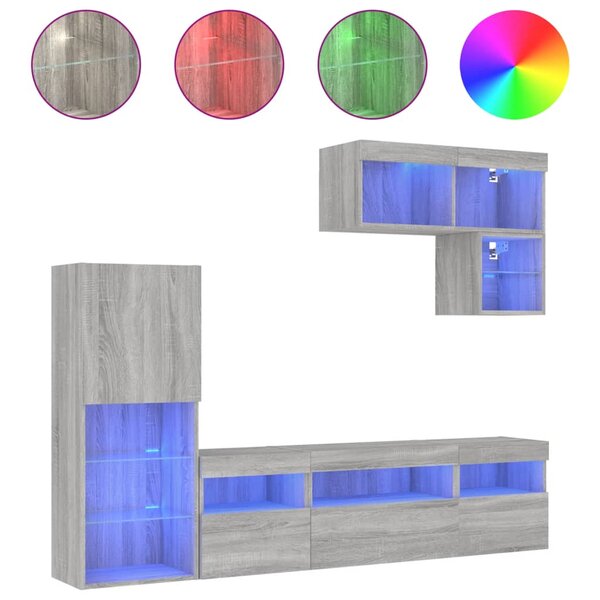 vidaXL Unités murales TV avec LED 6 Pièces gris sonoma bois d'ingénierie