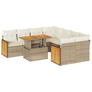 vidaXL Salon de jardin avec coussins 9 Pièces beige résine tressée acacia