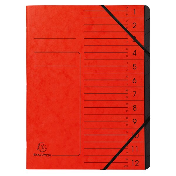 Trieur Agrafé Avec Élastiques Intérieur Noir 12 Compartiments - A4 - Rouge - Exacompta