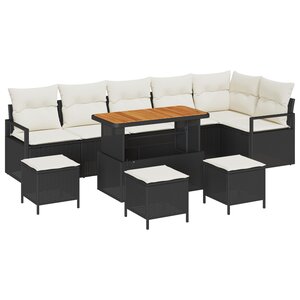 vidaXL Ensemble de Canapés de Jardin 10 Pièces avec Coussins Noir Poly Rattan Acacia
