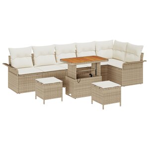 vidaXL Ensemble de Canapé de Jardin 9 Pièces avec Coussins Beige Rattan Poly Acacia