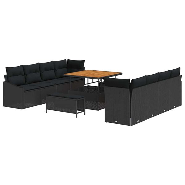 vidaXL Ensemble de canapé de jardin 11 pièces avec coussins en polyrotin noir et acacia.