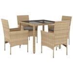 vidaXL Ensemble à manger de jardin et coussins 5 Pièces beige rotin verre