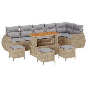Ensemble de Canapés de Jardin 10 Pièces avec Coussins Beige Poly Rattan Acacia