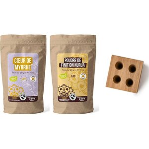 DIY encens - Moule en bois pour 4 cônes + Poudre Cœur de Myrrhe + Poudre de finition