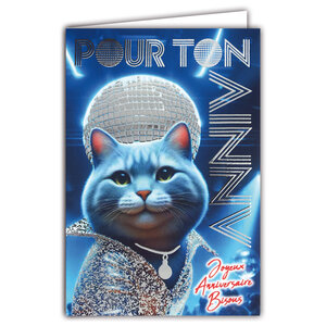 Carte ANNIVERSAIRE Chat Disco Boule à facettes Argentée Brillante Scintillante et Enveloppe 12x17 5cm 70's Animal de compagnie déguisé veste à strass discothèque boîte de nuit années 1970