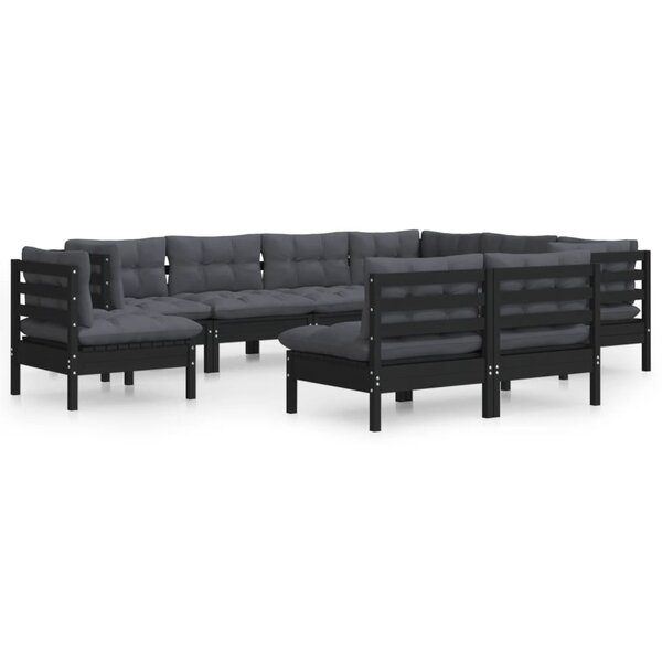 Salon de jardin meuble d'extérieur ensemble de mobilier 9 pièces avec coussins noir bois de pin solide 02_0018067