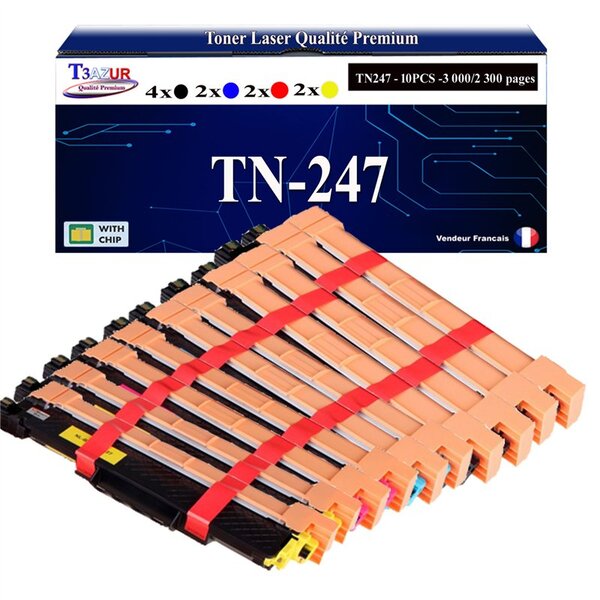 T3AZUR - 10 Toners compatibles avec TN247  pour Brother HL-L3210CW  HL-L3230CDW Noire - 3 000 pages - T3AZUR