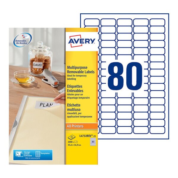 Étiquettes multi-usage amovibles toutes les imprimantes, 35,6 x 16,9 mm, 25 feuilles, 80 étiquettes par feuille, auto-adhésives, blanc (paquet 2000 unités)