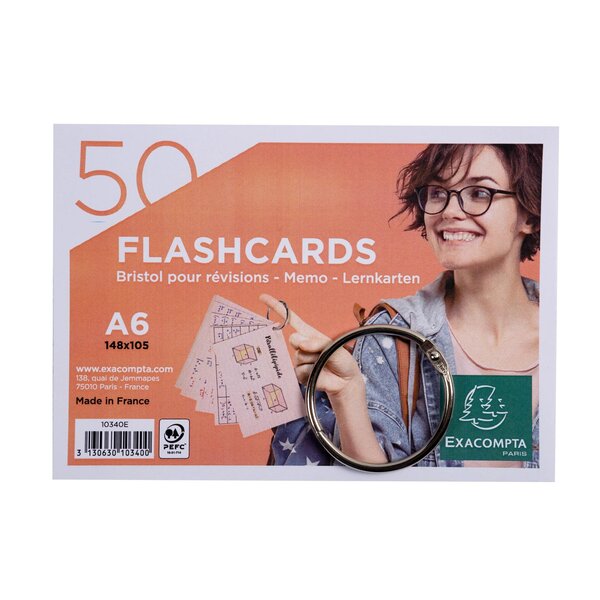 Paquet De 50 Flashcards Sous Film + Anneau - Bristol Ligné Perforé - Format A6 - Couleurs Assorties - X 19 - Exacompta